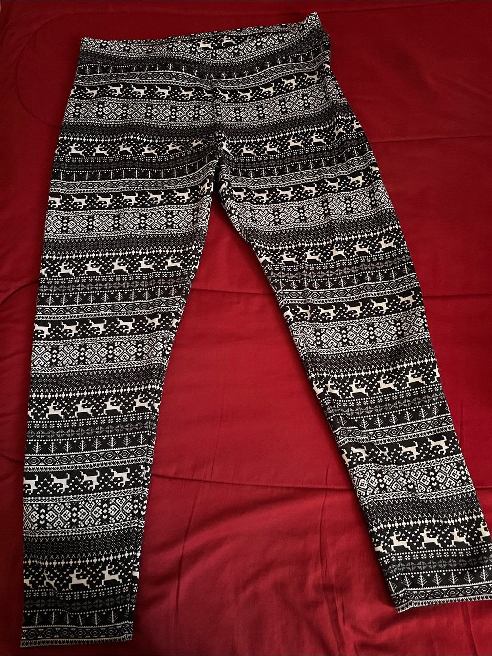 Faded Glory Fleece Lined Fair Isle Reindeer Holiday Leggings Black White - XL
